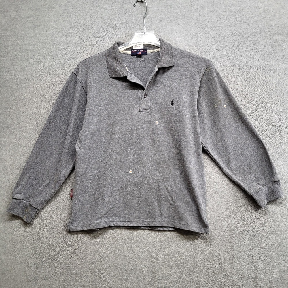 VINTAGE Polo Sport Men Polo Shirt Medium Gray Long Sleeve Logo‎ READ